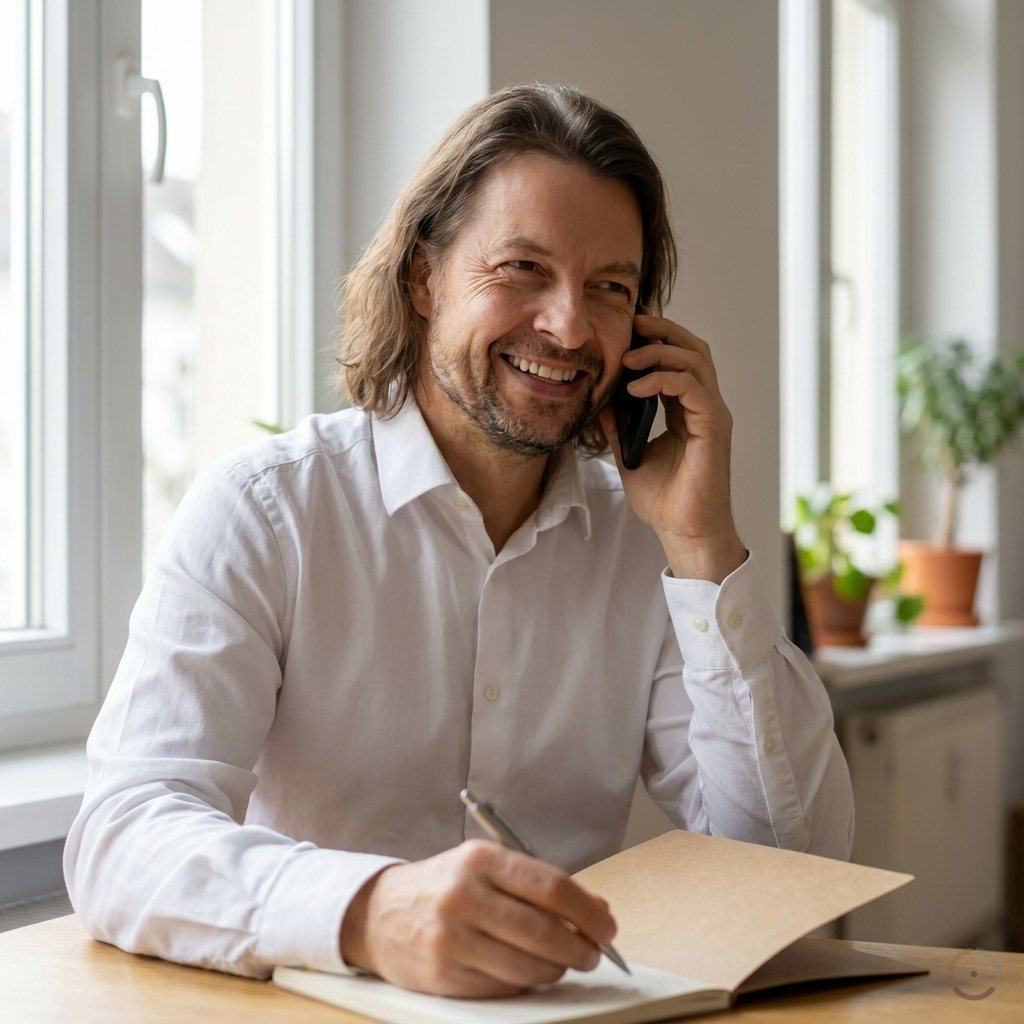 KI-generiert: Maik Marx telefoniert am Schreibtisch und macht sich Notizen