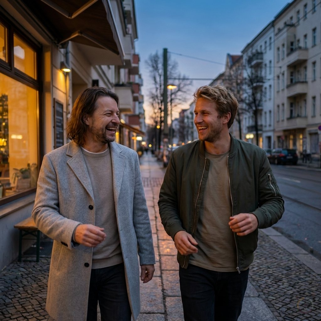 KI-generiert: Maik Marx und ein Gründer verlassen lachend ein Café