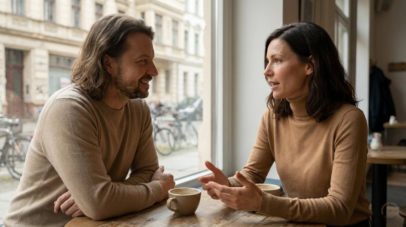 KI-generiert: Maik Marx bei einem Kennenlern-Kaffee mit einer Gründerin am Fenster