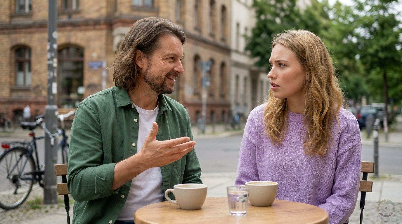 KI-generiert: Maik Marx beantwortet am Cafétisch die Frage einer Gründerin