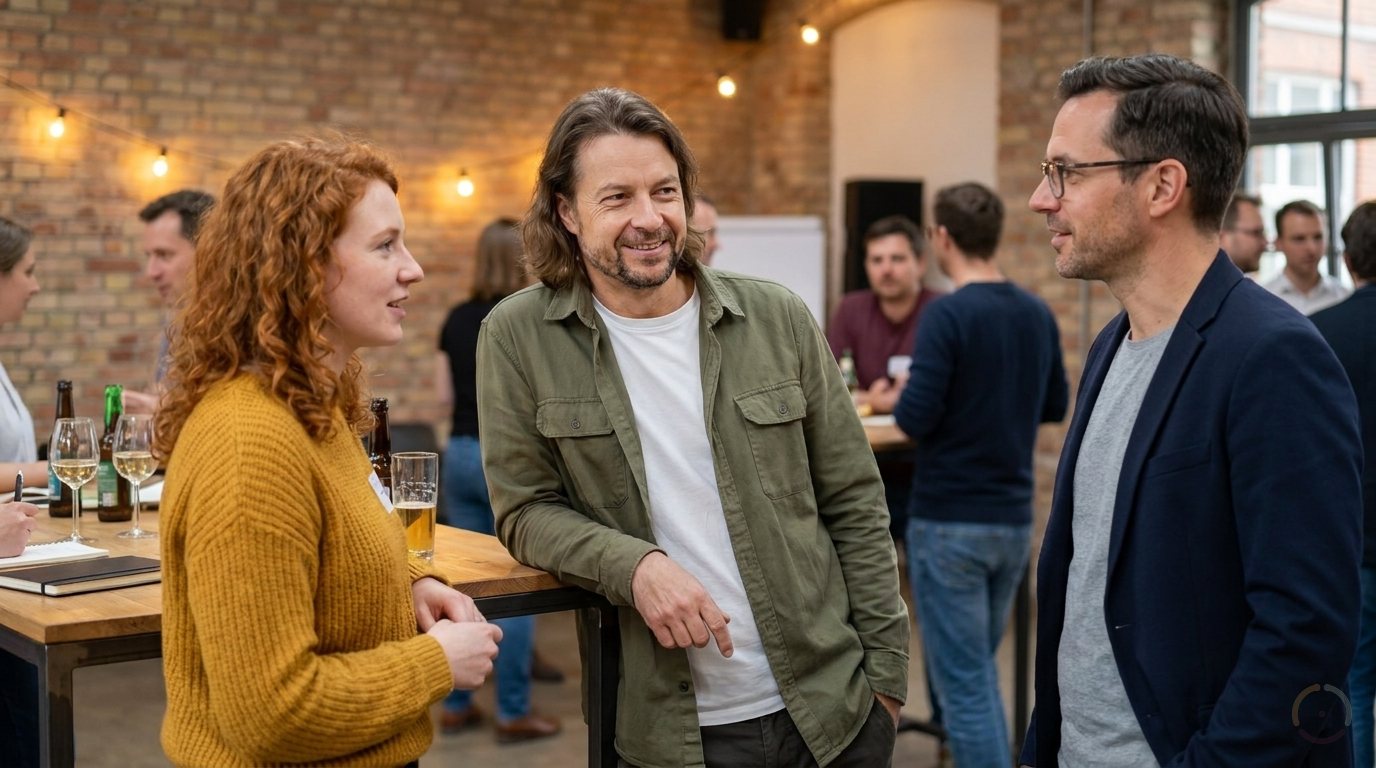 KI-generiert: Maik Marx im Gespräch an einem Stehtisch bei einem Abendtreffen im Loft