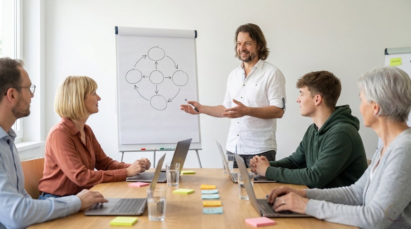 KI-generiert: Maik Marx erklärt einer kleinen Workshop-Runde etwas am Flipchart