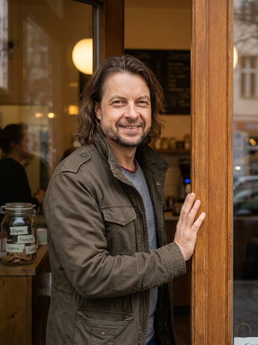KI-generiert: Maik Marx steht lächelnd in der Tür eines Cafés