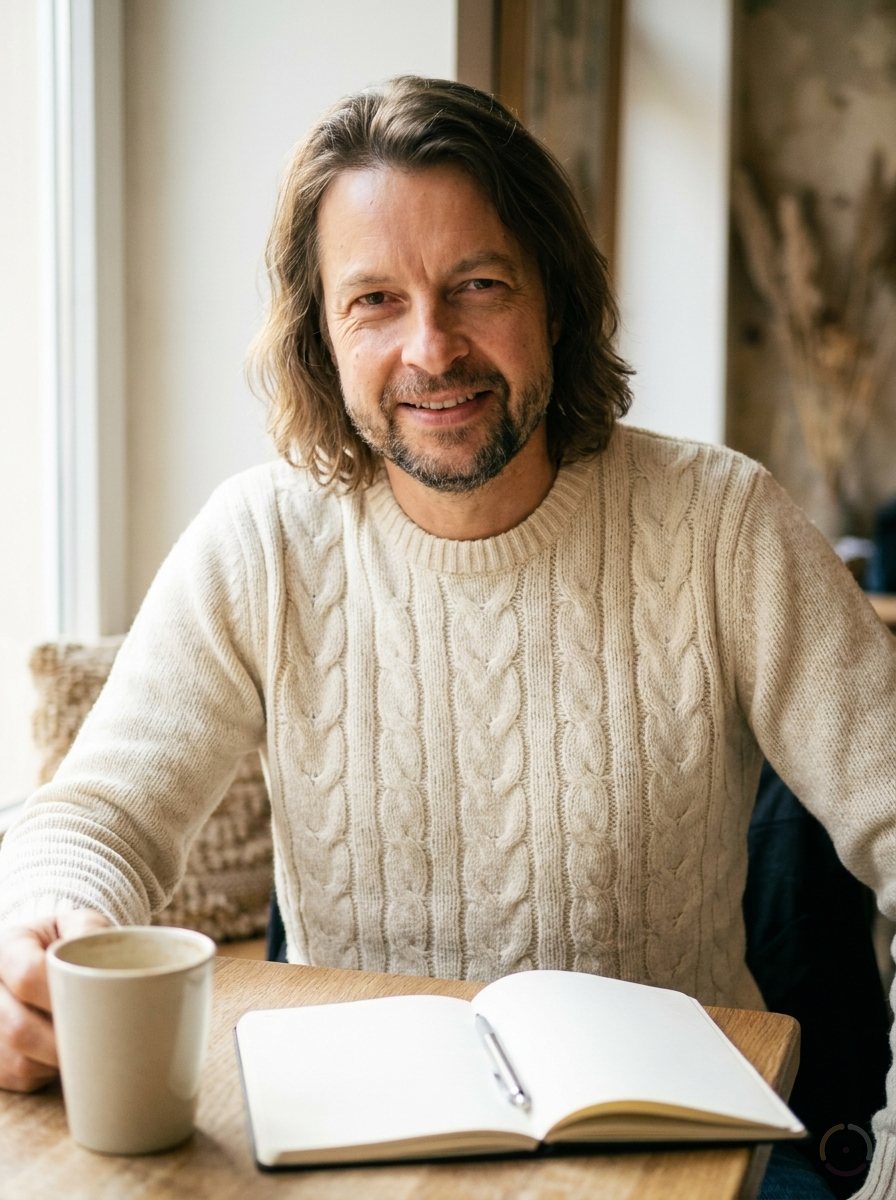 KI-generiert: Maik Marx sitzt einladend an einem Cafétisch