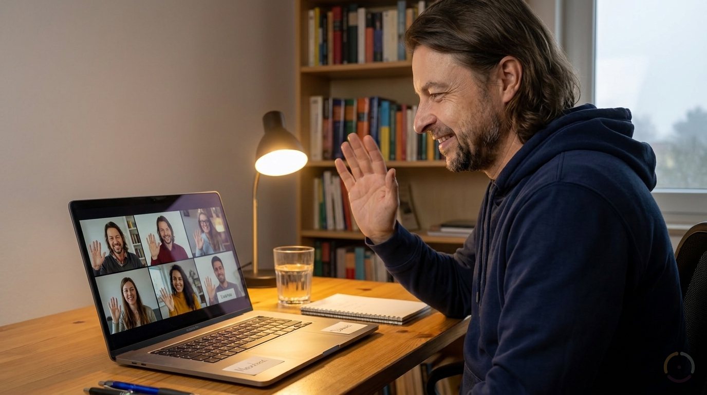 KI-generiert: Maik Marx winkt am Laptop einer Videorunde zu